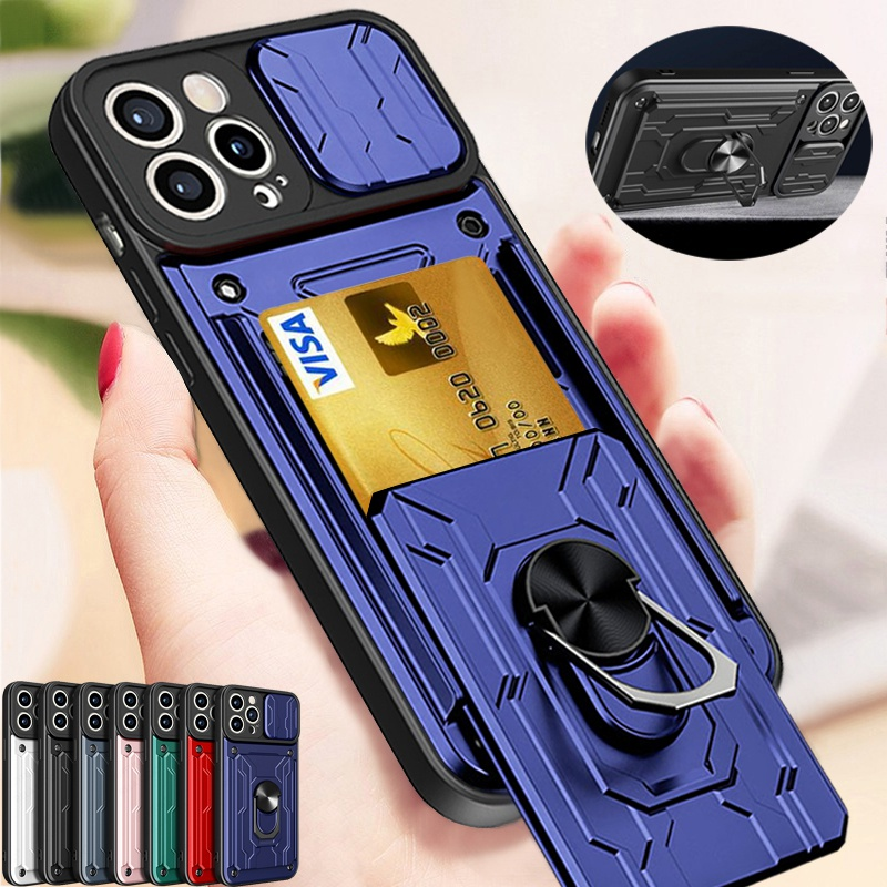 Hidden Slide Card Slot iPhone Case – Lens Protection, Magnetic Ring Stand, Shockproof Cover for iPhone Models