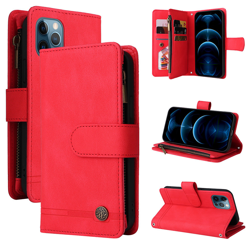 Premium Retro Flip Leather iPhone Case – Zipper Wallet, Multi-Card Slots, Necklace Lanyard, Magnetic Closure, Shockproof Protection for iPhone