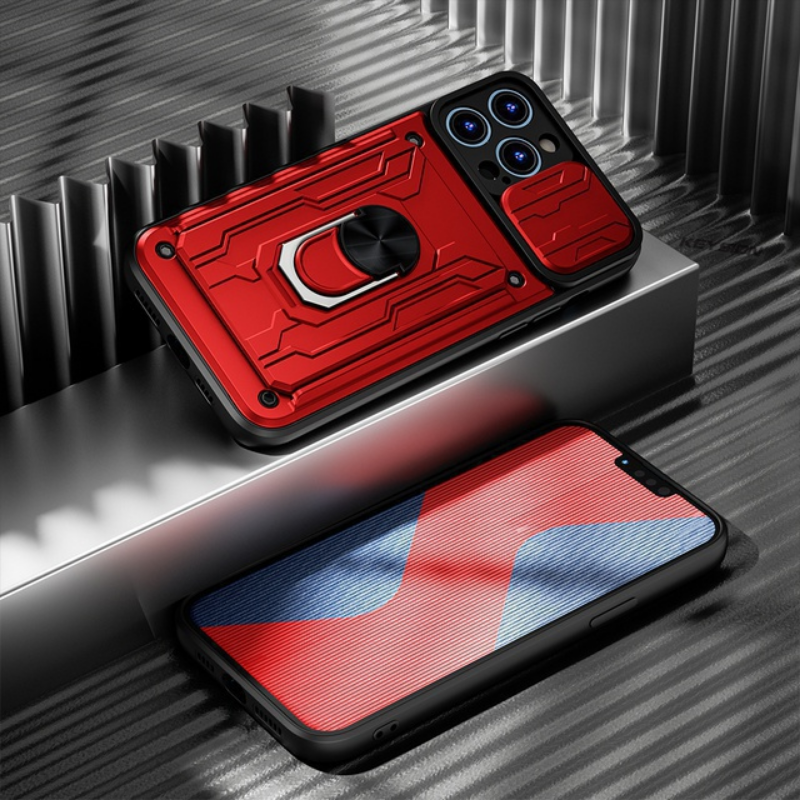 Hidden Slide Card Slot iPhone Case – Lens Protection, Magnetic Ring Stand, Shockproof Cover for iPhone Models