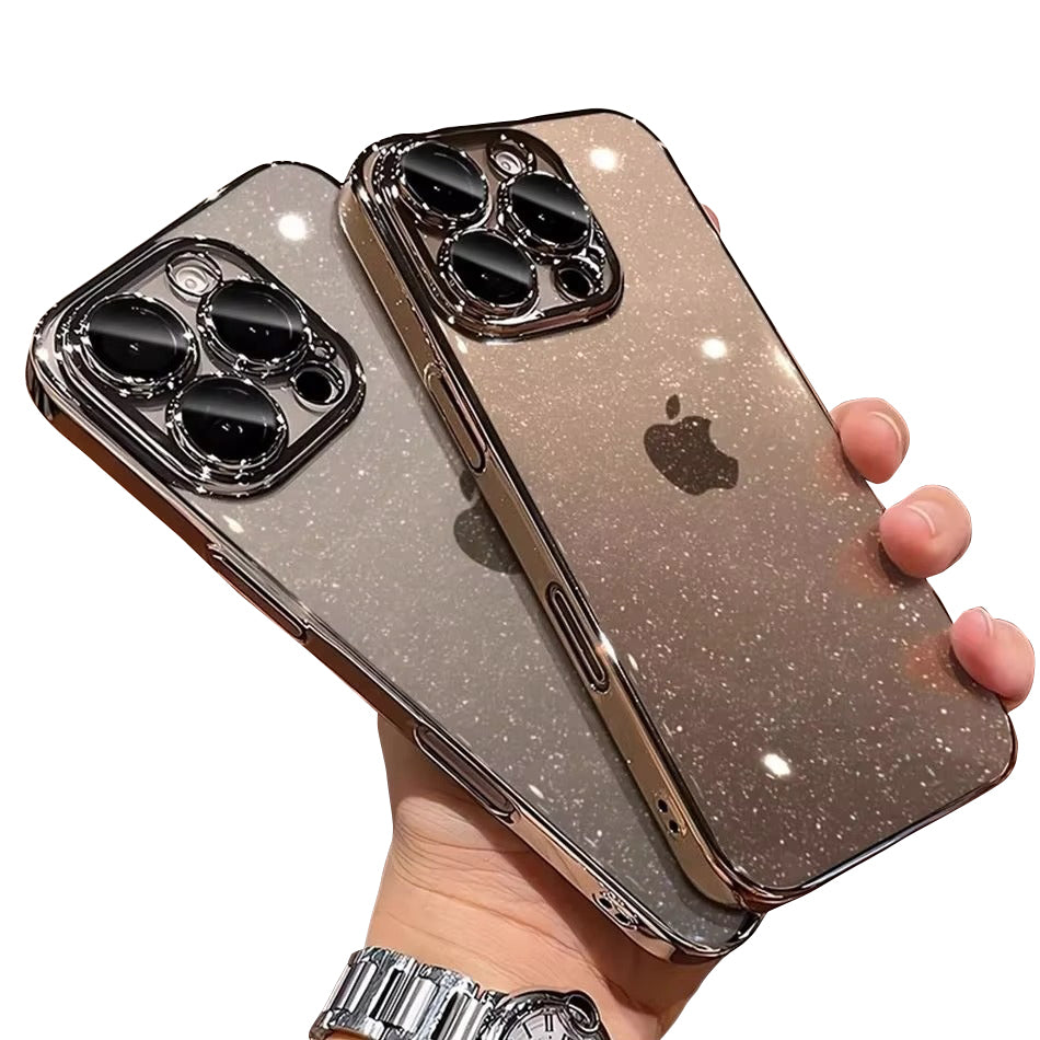 Luxury Apple iPhone Case, MagSafe Compatible, Camera Lens & Screen Protection, Ultra Thin, Shockproof, Magnetic Full All Around Cover – Transparent Glitter Slim Case with Electroplated Gold Bumper & Hard Plastic Back