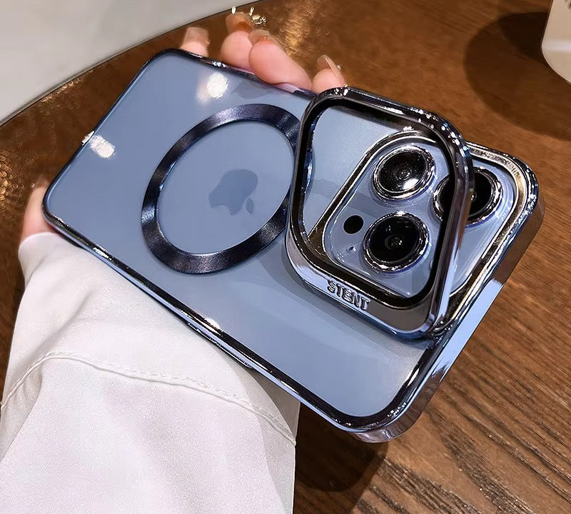 Luxury Apple iPhone Case Ultra Thin Shockproof Magnetic Full All Around Protection Cover with Transparent Plating Bracket