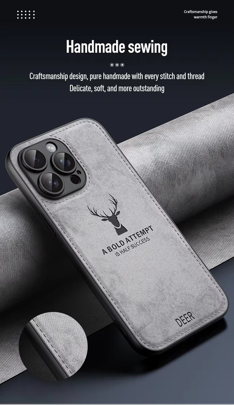 Luxury Cloth Leather Texture iPhone Case – Deer Head Pattern, Shockproof, Stylish Design for Daily Use | Case for iPhone