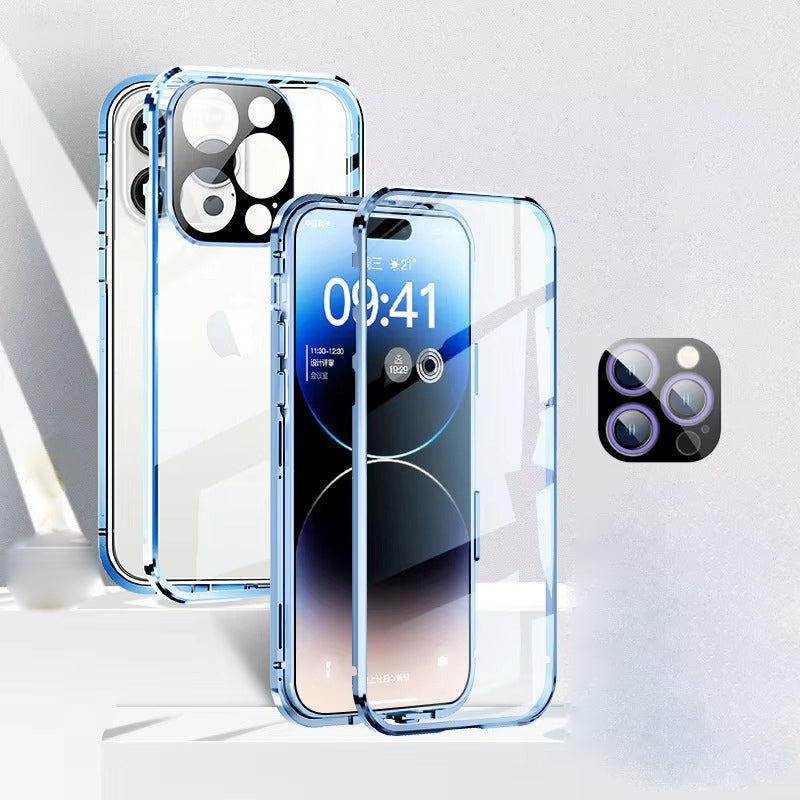 High Quality Apple iPhone Case MagSafe Compatible, Camera Lens & Screen Protection Cover with Double Glass Metal Buckle