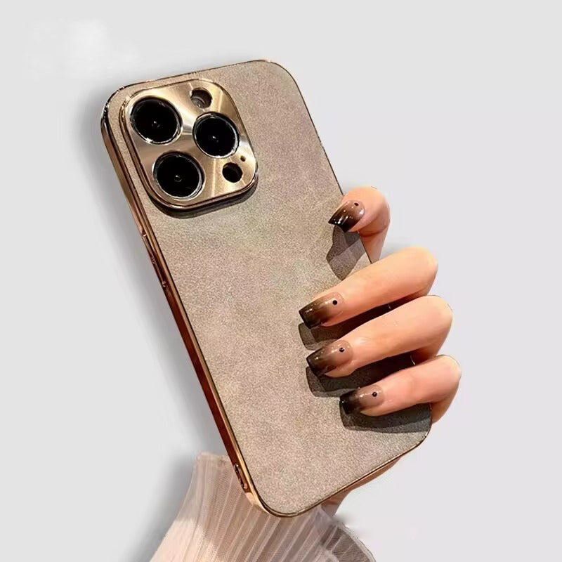 Luxury Leather iPhone Case – Lambskin Texture, Plating Bumper, Metal Lens Protection, Stylish & Durable Cover Case for iPhone