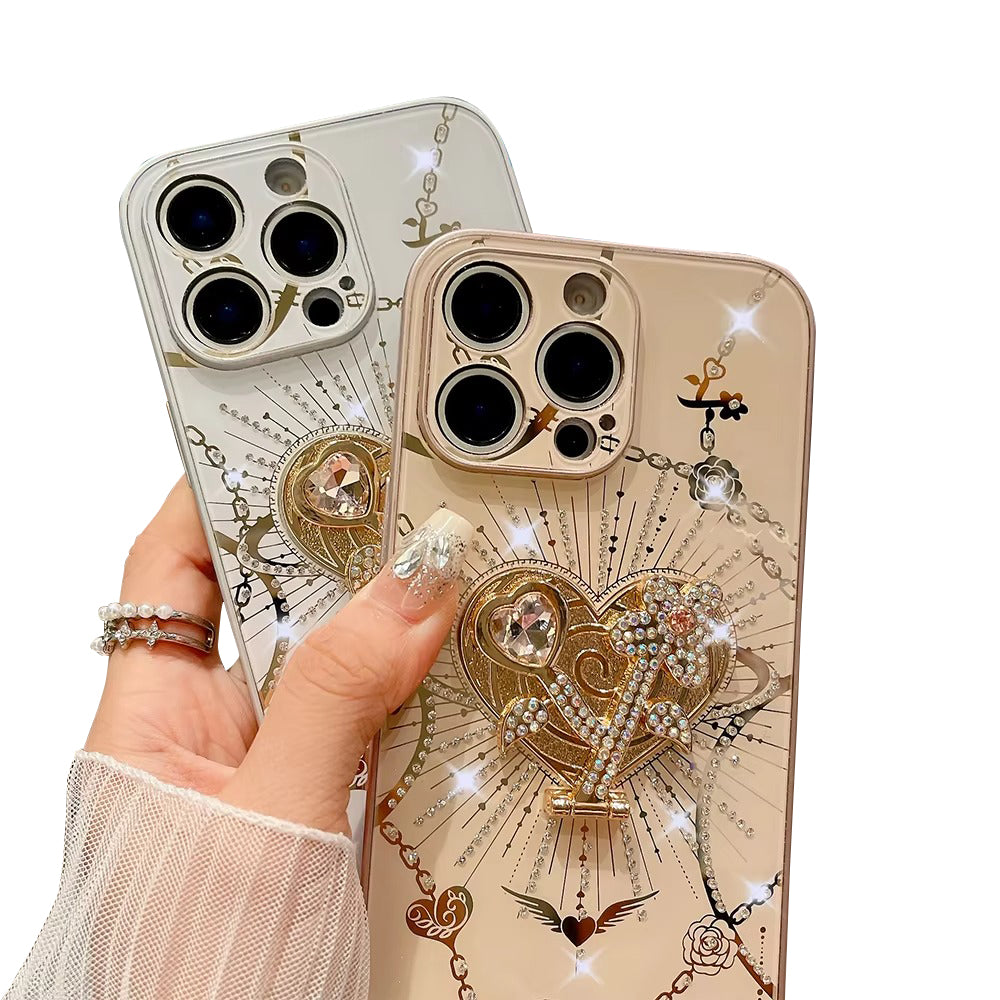 Luxury Apple iPhone Case, MagSafe Compatible, Camera Lens & Screen Protection, Ultra Thin, Shockproof, Magnetic Full All Around Cover – Glitter Crystal Heart Holder Case with Full Camera Guard & Hard Shockproof Back