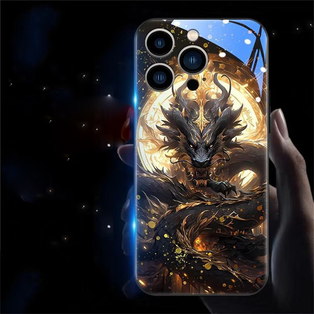 Premium Apple iphone Case, LED Flash, Sound Reactive, Shockproof, Ultra Thin, Full Body Protection, Golden Dragon Luminous Glass Cover
