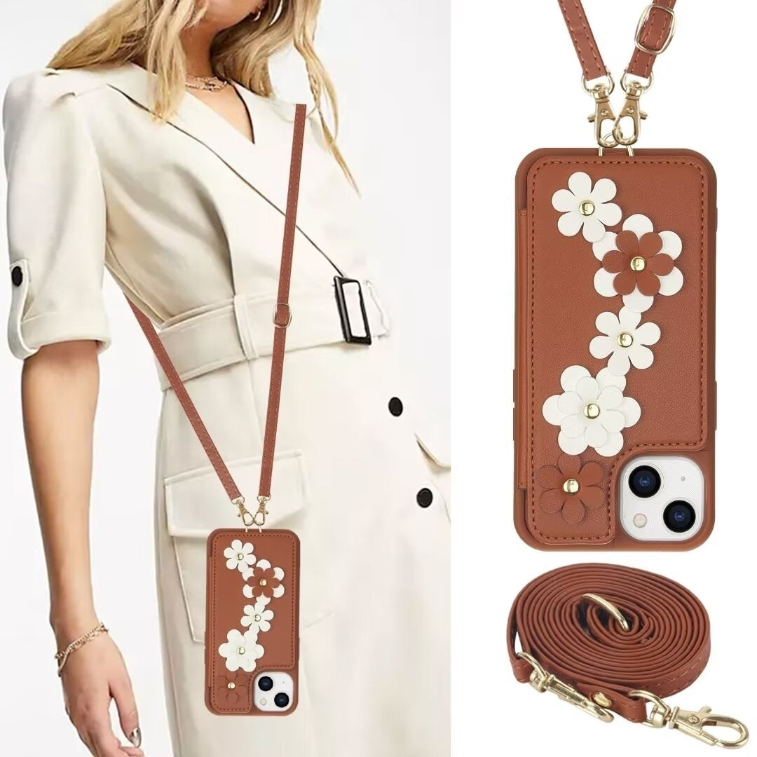 Luxury Crossbody Wallet Leather iPhone Case – 3D Flower Design, Card Slot, Wrist Strap, Magnetic Closure, Protective Cover
