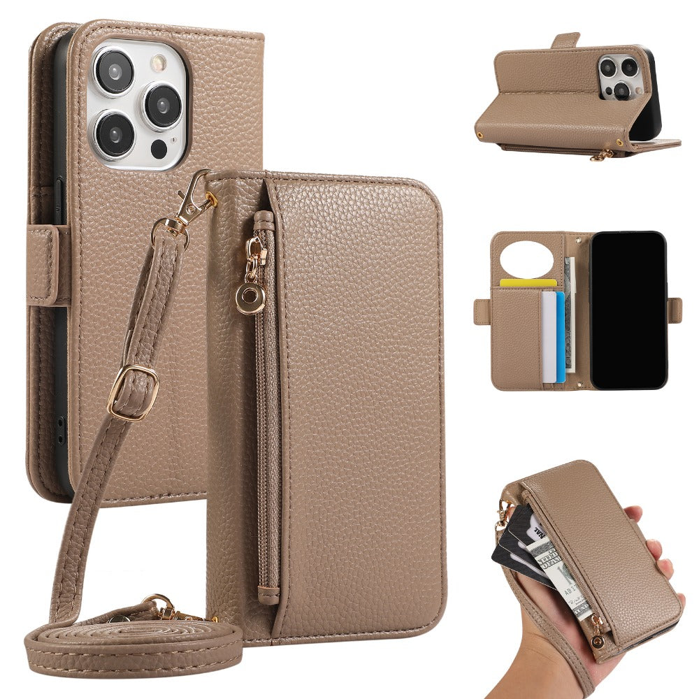 Luxury Crossbody Zipper Wallet iPhone Case – Leather Card Holder, Hands-Free Strap, Shockproof Protection, and Stylish Design for Ultimate Convenience