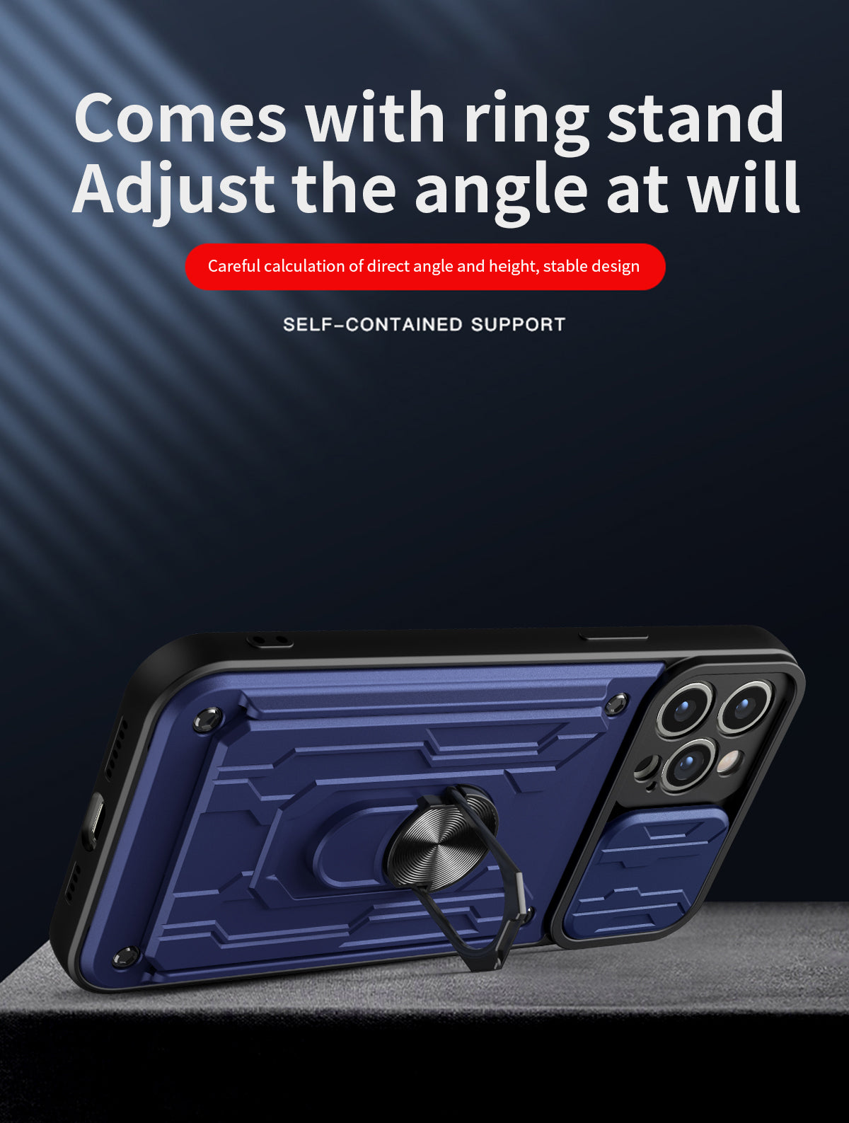 Hidden Slide Card Slot iPhone Case – Lens Protection, Magnetic Ring Stand, Shockproof Cover for iPhone Models