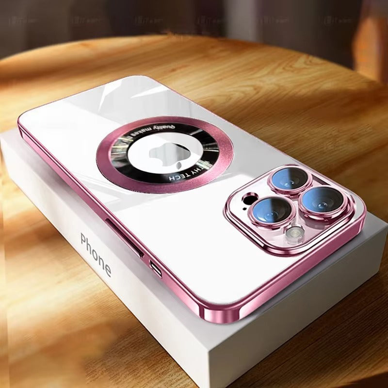 Luxury Apple iPhone Case, MagSafe Compatible, Camera Lens & Screen Protection, Ultra Thin, Shockproof, Magnetic Full All Around Cover – Clear Plating TPU Case with Wireless Charging & Lens Film Protection