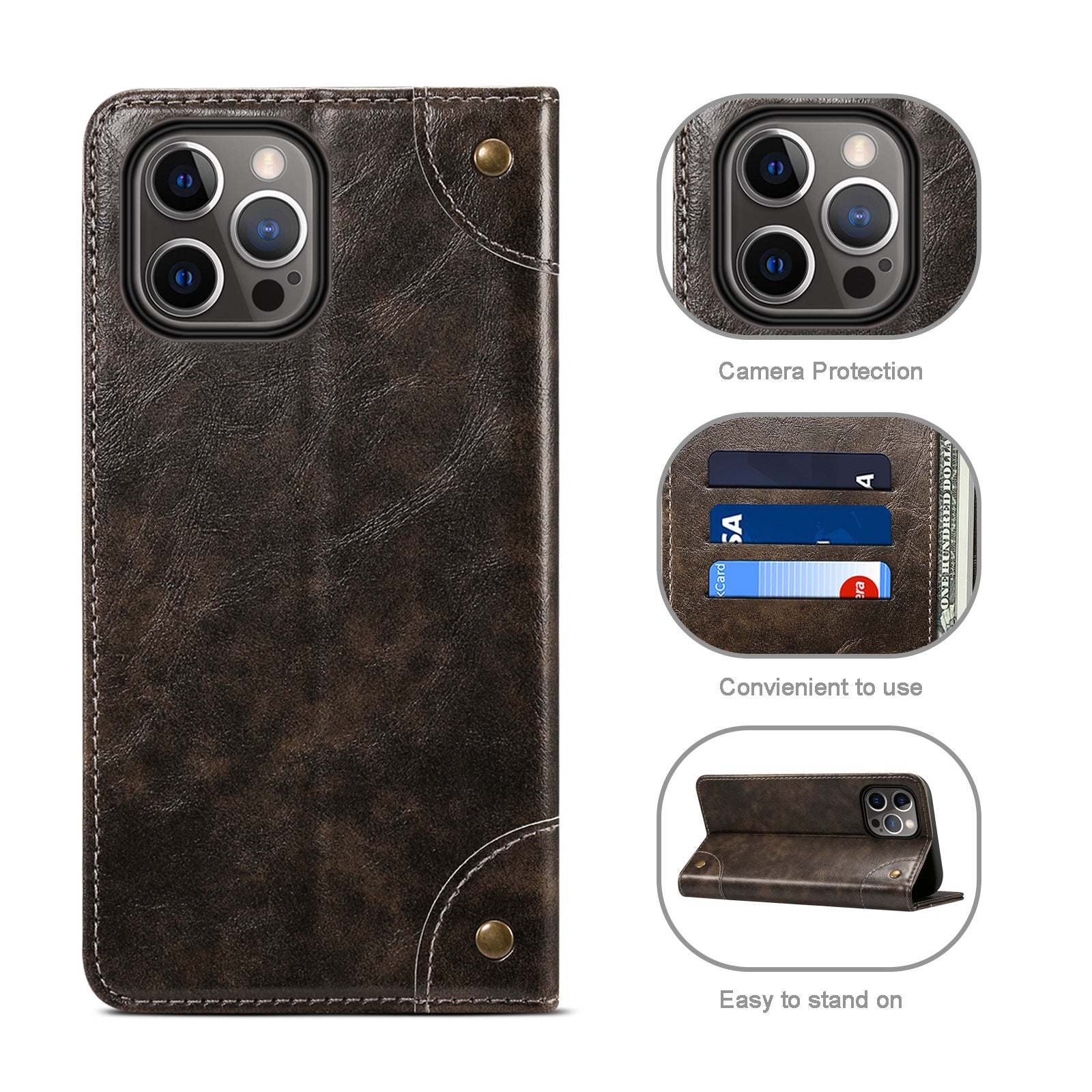 Luxury Genuine Leather Wallet Flip iPhone Case – Magnetic Closure, Card Holder, Stand Function, Shockproof Protective Cover, Classic Book-Style Design