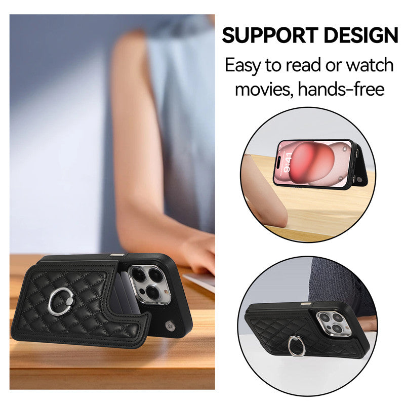 Luxury Crossbody RFID Leather Wallet iPhone Case – Card Slot, Ring Holder, Double Buckle, Lanyard Bag Cover, Magnetic Closure