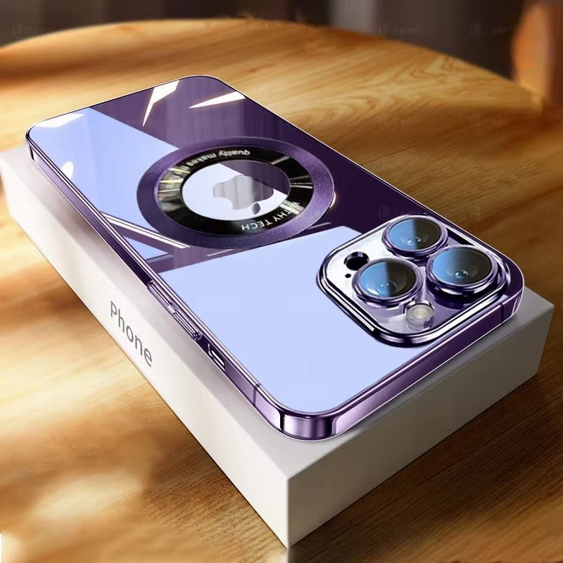 Luxury Apple iPhone Case, MagSafe Compatible, Camera Lens & Screen Protection, Ultra Thin, Shockproof, Magnetic Full All Around Cover – Clear Plating TPU Case with Wireless Charging & Lens Film Protection