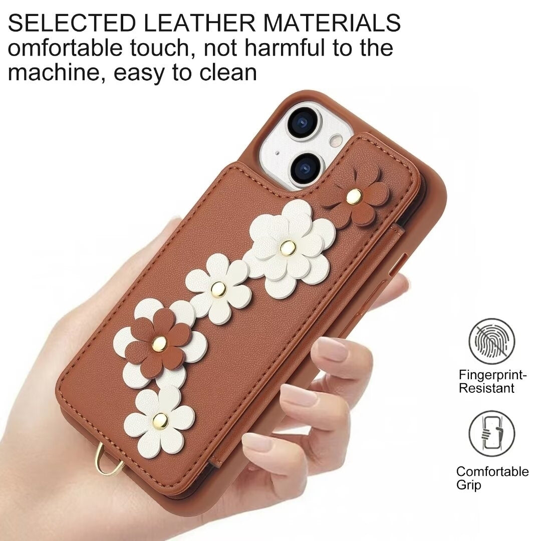 Luxury Crossbody Wallet Leather iPhone Case – 3D Flower Design, Card Slot, Wrist Strap, Magnetic Closure, Protective Cover