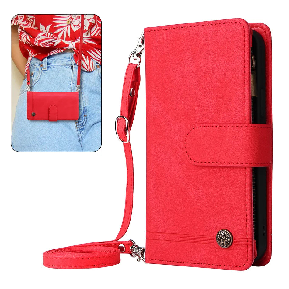 Premium Retro Flip Leather iPhone Case – Zipper Wallet, Multi-Card Slots, Necklace Lanyard, Magnetic Closure, Shockproof Protection for iPhone