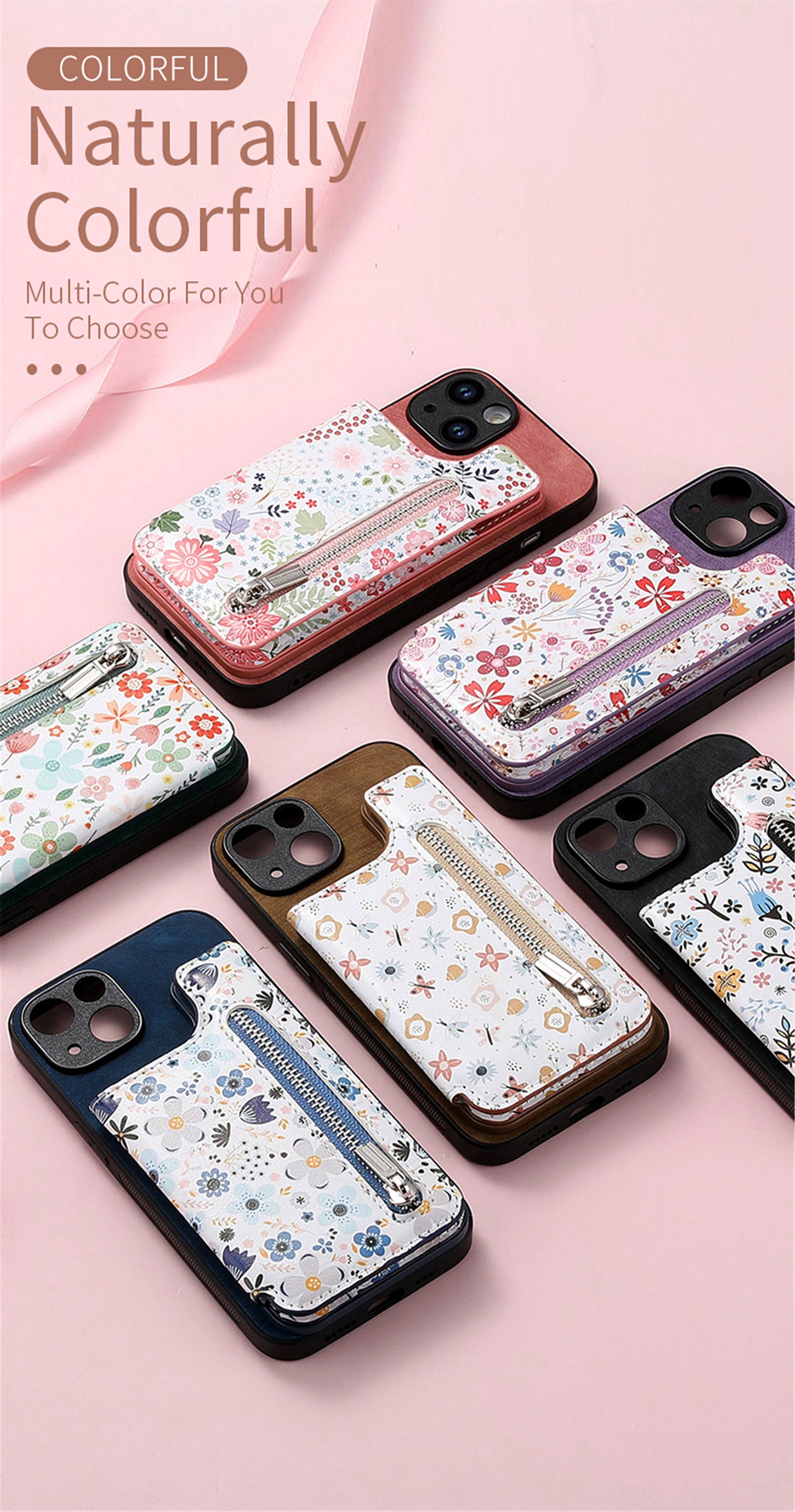 Zipper Card Slot Wallet iPhone Case – Magnetic Closure, Purse Pocket, Floral Design, Shockproof Protective Cover for iPhone