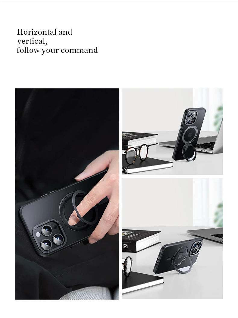 Luxury Magnetic 360° Rotating Stand Frosted Transparent Cover with Ring Holder Shockproof & Hands-Free Design Case for iPhone
