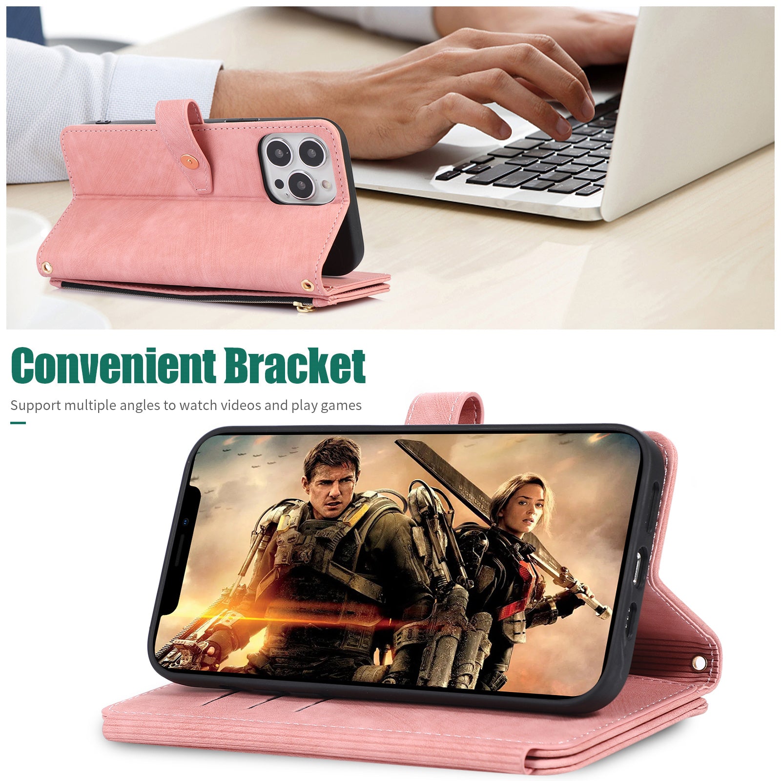 Luxury Crossbody Zipper Wallet iPhone Case – Leather Card Holder, Lanyard Strap, Closure Hands-Free Convenience for iPhone