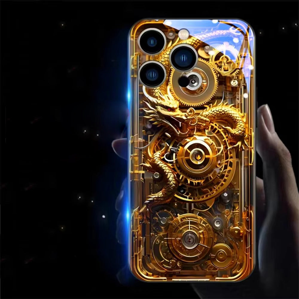Premium Apple iphone Case, LED Flash, Sound Reactive, Shockproof, Ultra Thin, Full Body Protection, Golden Dragon Luminous Glass Cover