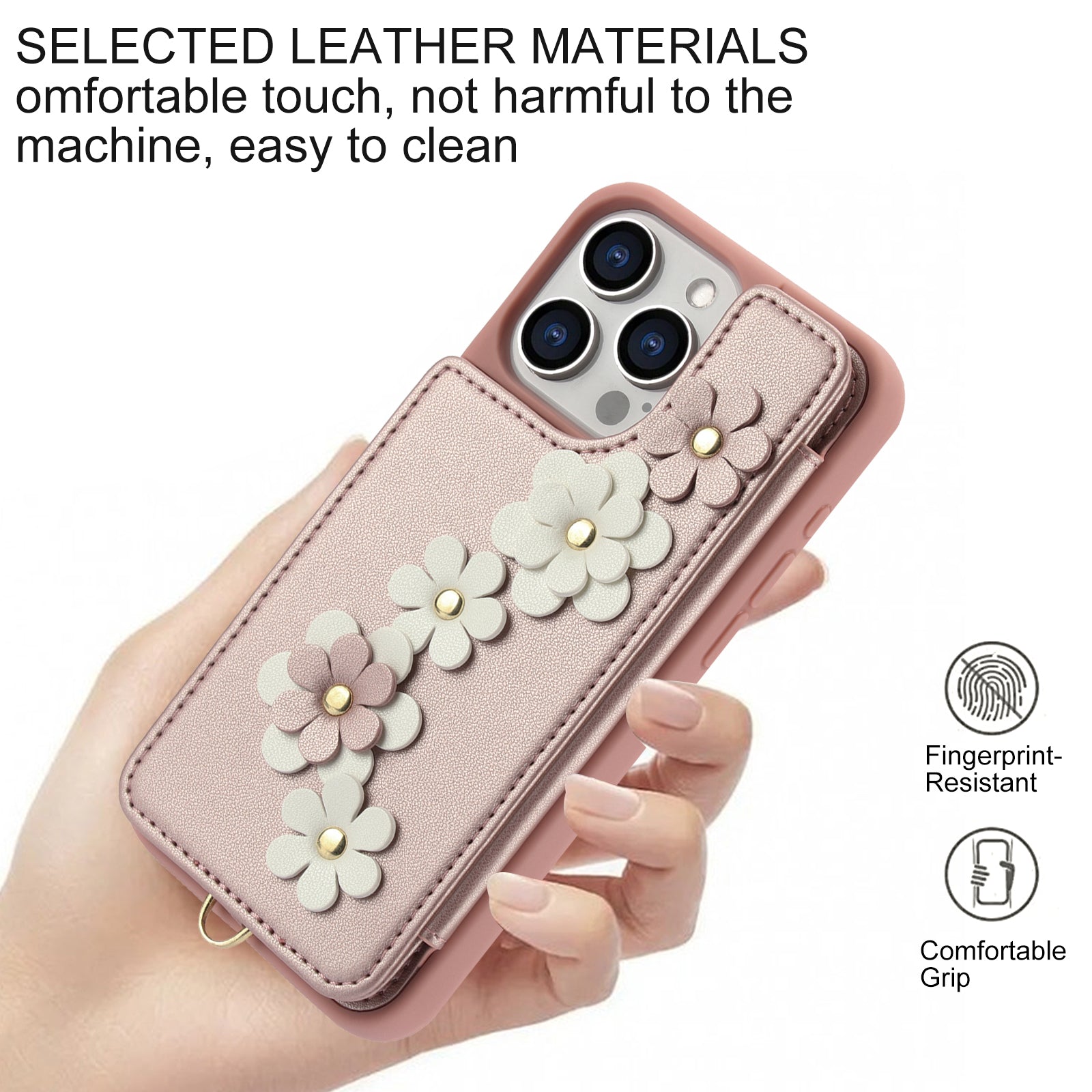 Luxury Crossbody Wallet Leather iPhone Case – 3D Flower Design, Card Slot, Wrist Strap, Magnetic Closure, Protective Cover