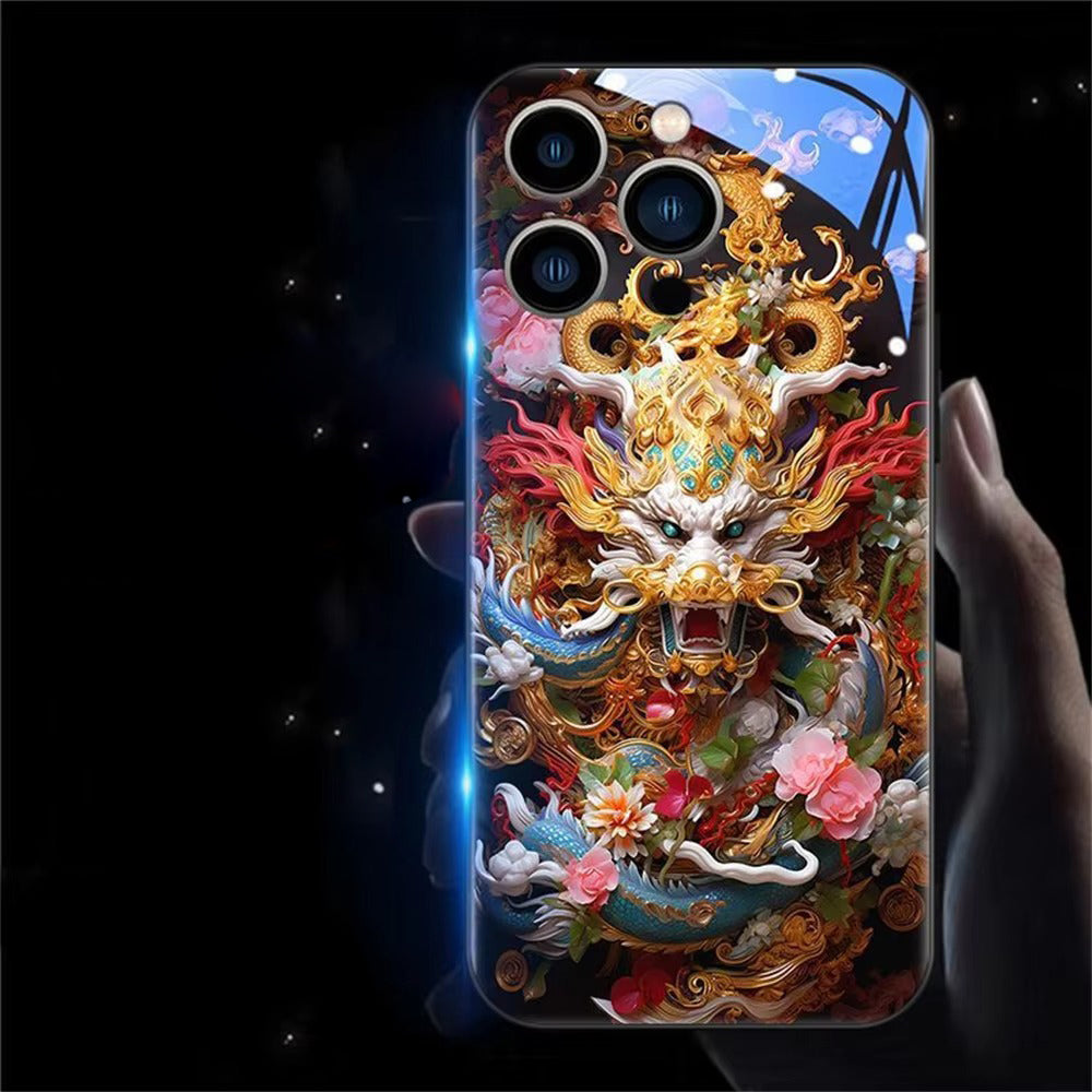 Premium Apple iphone Case, LED Flash, Sound Reactive, Shockproof, Ultra Thin, Full Body Protection, Golden Dragon Luminous Glass Cover
