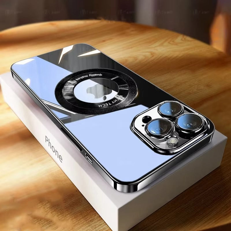 Luxury Apple iPhone Case, MagSafe Compatible, Camera Lens & Screen Protection, Ultra Thin, Shockproof, Magnetic Full All Around Cover – Clear Plating TPU Case with Wireless Charging & Lens Film Protection