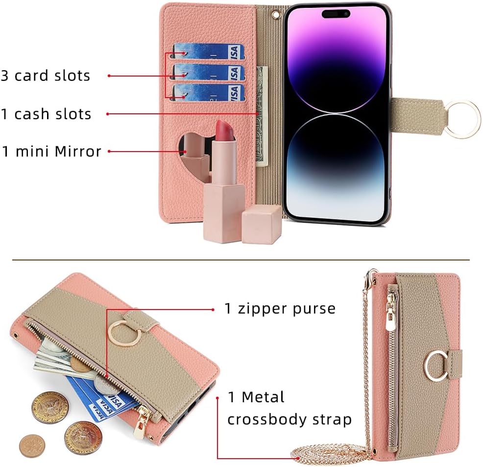 Premium Leather Crossbody Wallet Case for iPhone - Flip Mirror Design, Long Lanyard, Shockproof Protection for iPhone Models