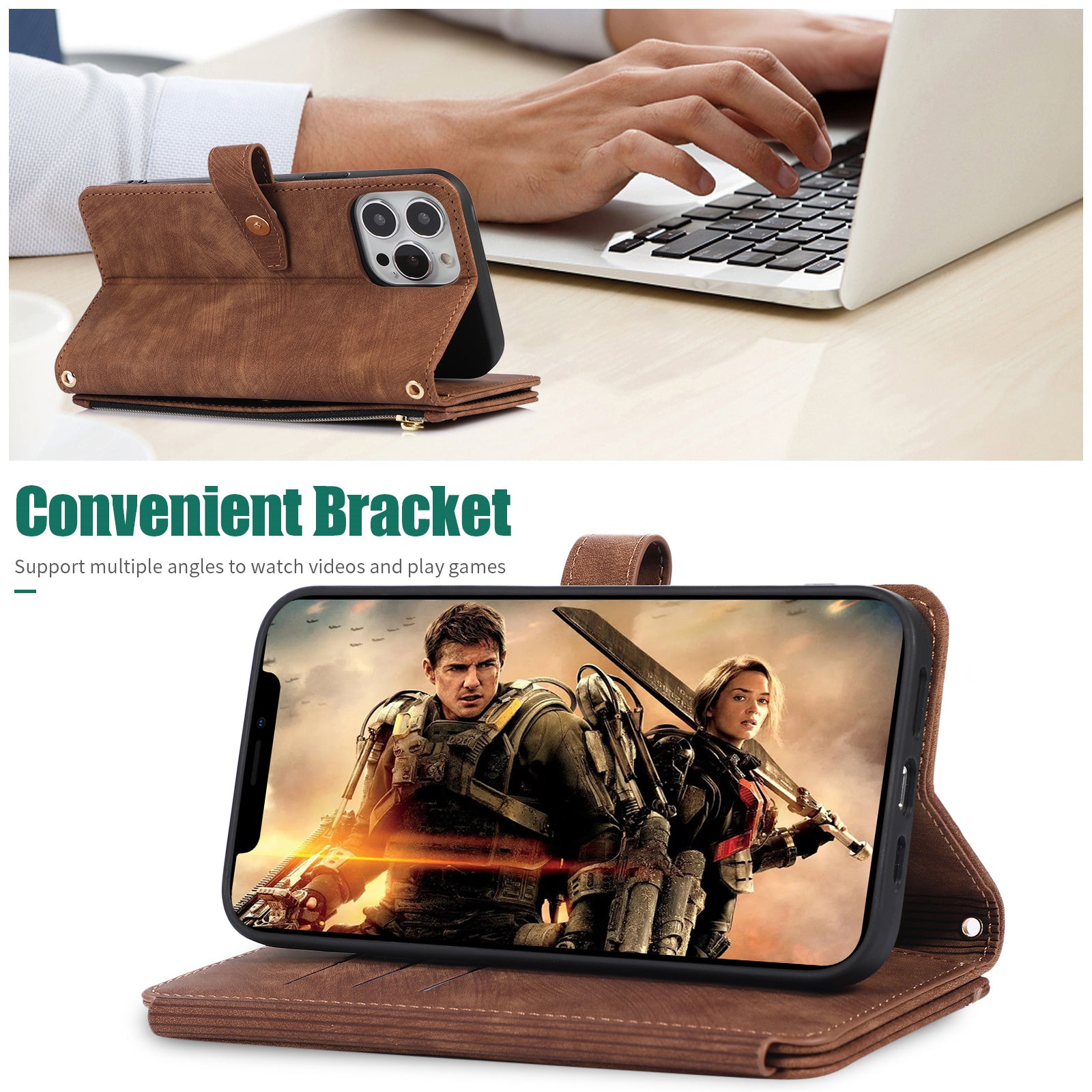 Luxury Crossbody Zipper Wallet iPhone Case – Leather Card Holder, Lanyard Strap, Closure Hands-Free Convenience for iPhone