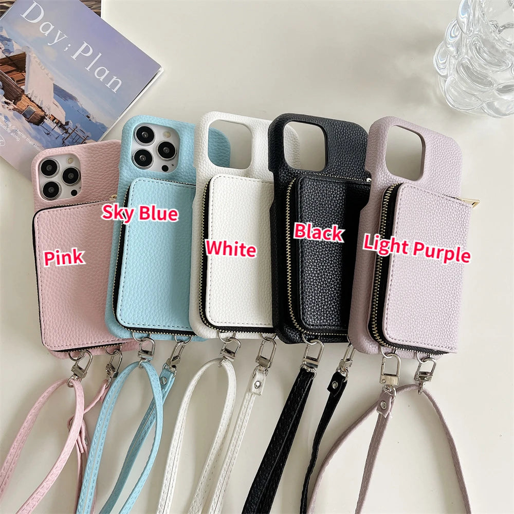 Luxury Zipper Wallet Crossbody iPhone Case – Leather Cover with , Shoulder Lanyard, and Full Protection for iPhone Models
