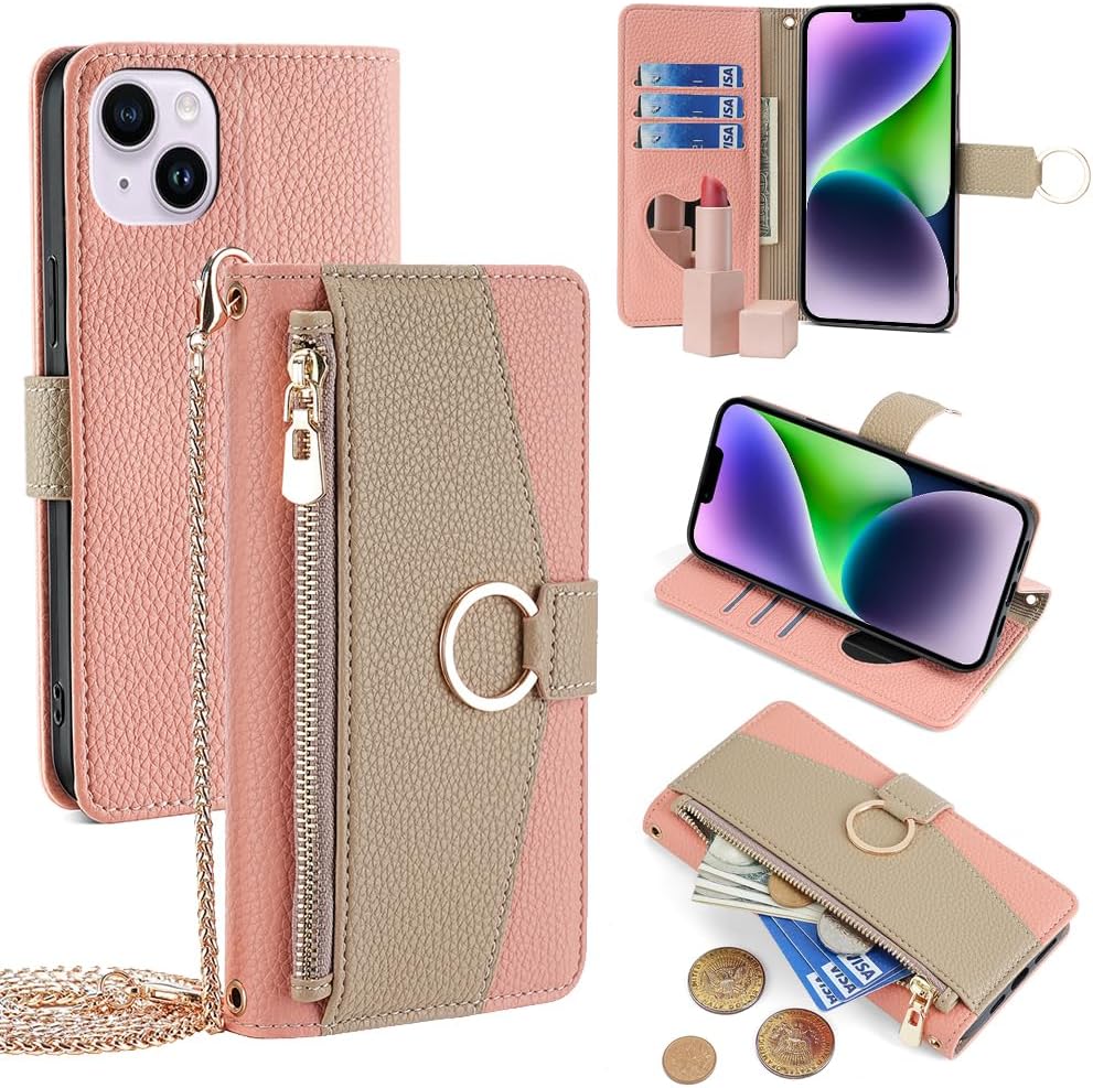 Premium Leather Crossbody Wallet Case for iPhone - Flip Mirror Design, Long Lanyard, Shockproof Protection for iPhone Models
