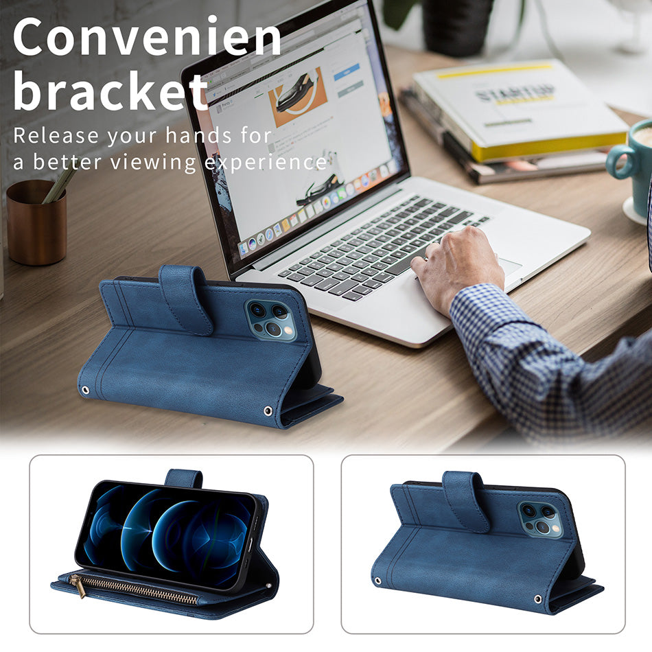 Premium Retro Flip Leather iPhone Case – Zipper Wallet, Multi-Card Slots, Necklace Lanyard, Magnetic Closure, Shockproof Protection for iPhone