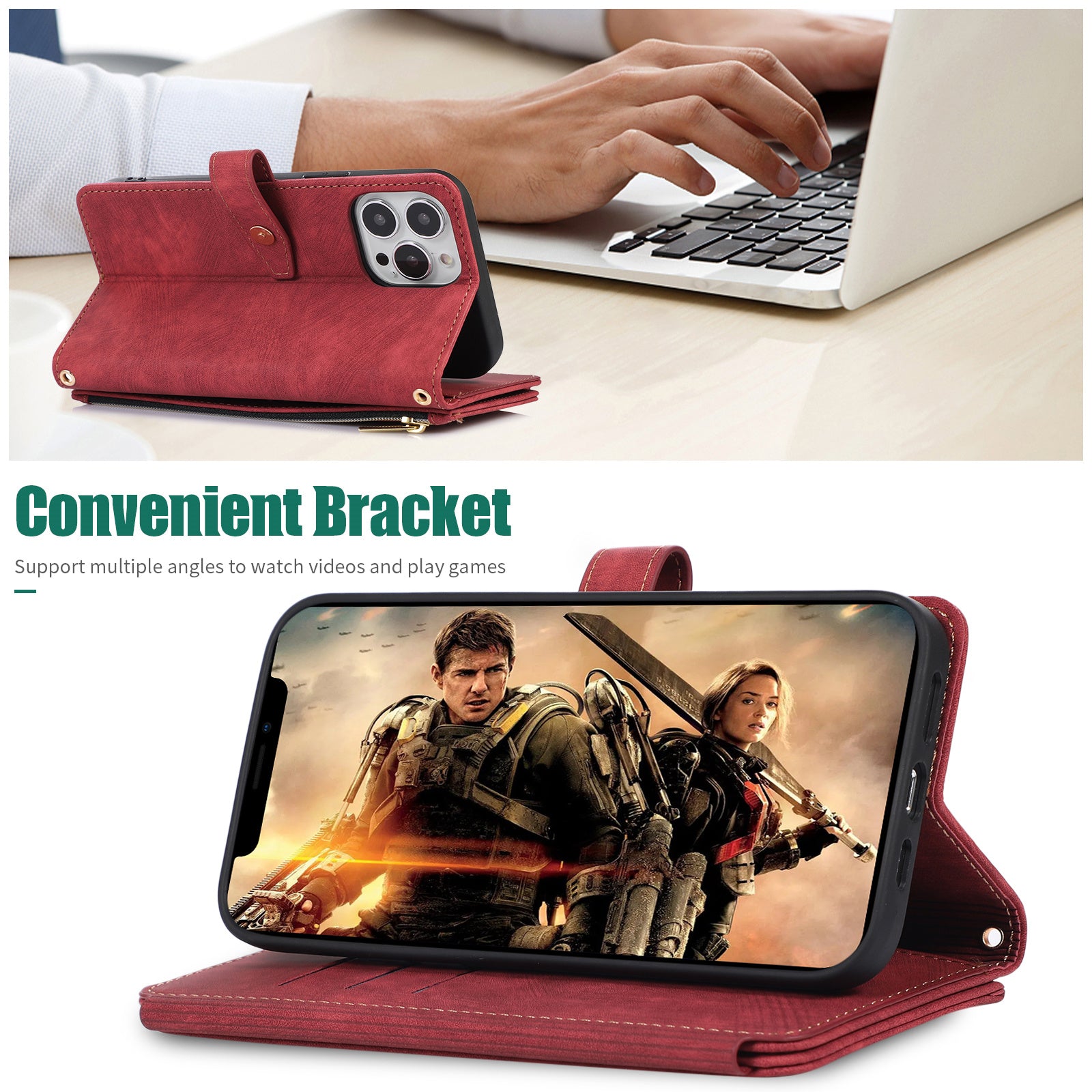 Luxury Crossbody Zipper Wallet iPhone Case – Leather Card Holder, Lanyard Strap, Closure Hands-Free Convenience for iPhone