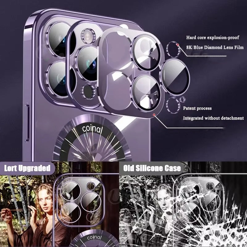 Luxury Apple iPhone Case, MagSafe Compatible, Camera Lens & Screen Protection, Ultra Thin, Shockproof, Magnetic Full All Around Cover – Clear Plating TPU Case with Wireless Charging & Lens Film Protection