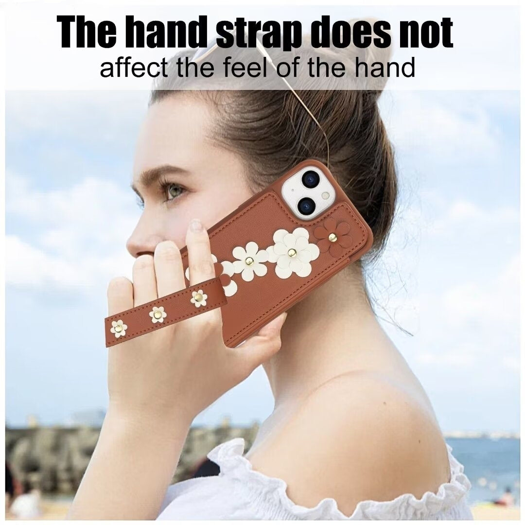 Luxury Crossbody Wallet Leather iPhone Case – 3D Flower Design, Card Slot, Wrist Strap, Magnetic Closure, Protective Cover