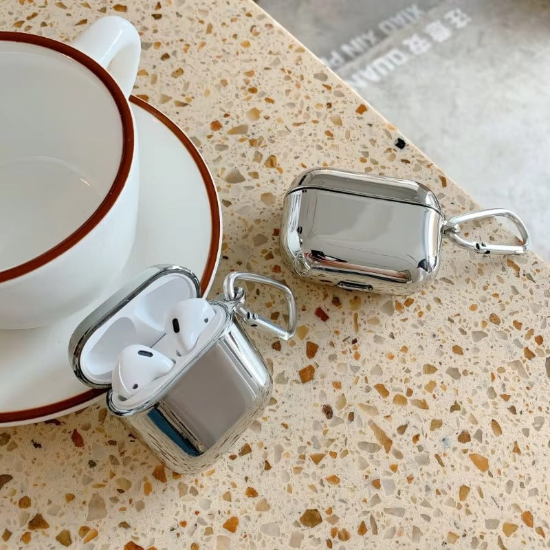 Luxury Electroplated Metal Case for AirPods 1, 2, 3, Pro – Silver Protective Cover with Keychain, Shockproof Earphone Shell for Wireless Charging Case