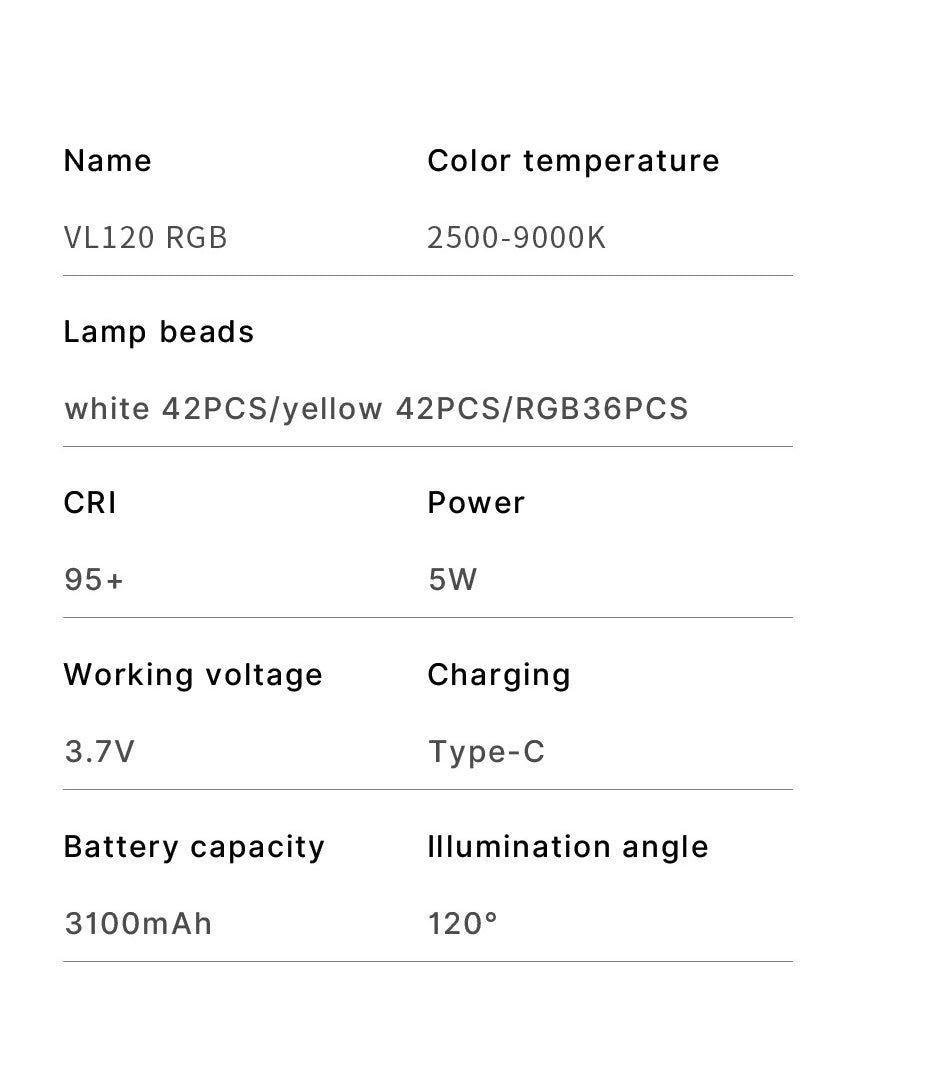 High Quality RGB LED Video Light Panel for Camera & Phone – 2500-9000K Bi-Color, CRI 95+, Diffuser, 3100mAh Battery, 360° Mount, 120 Lamp Beads