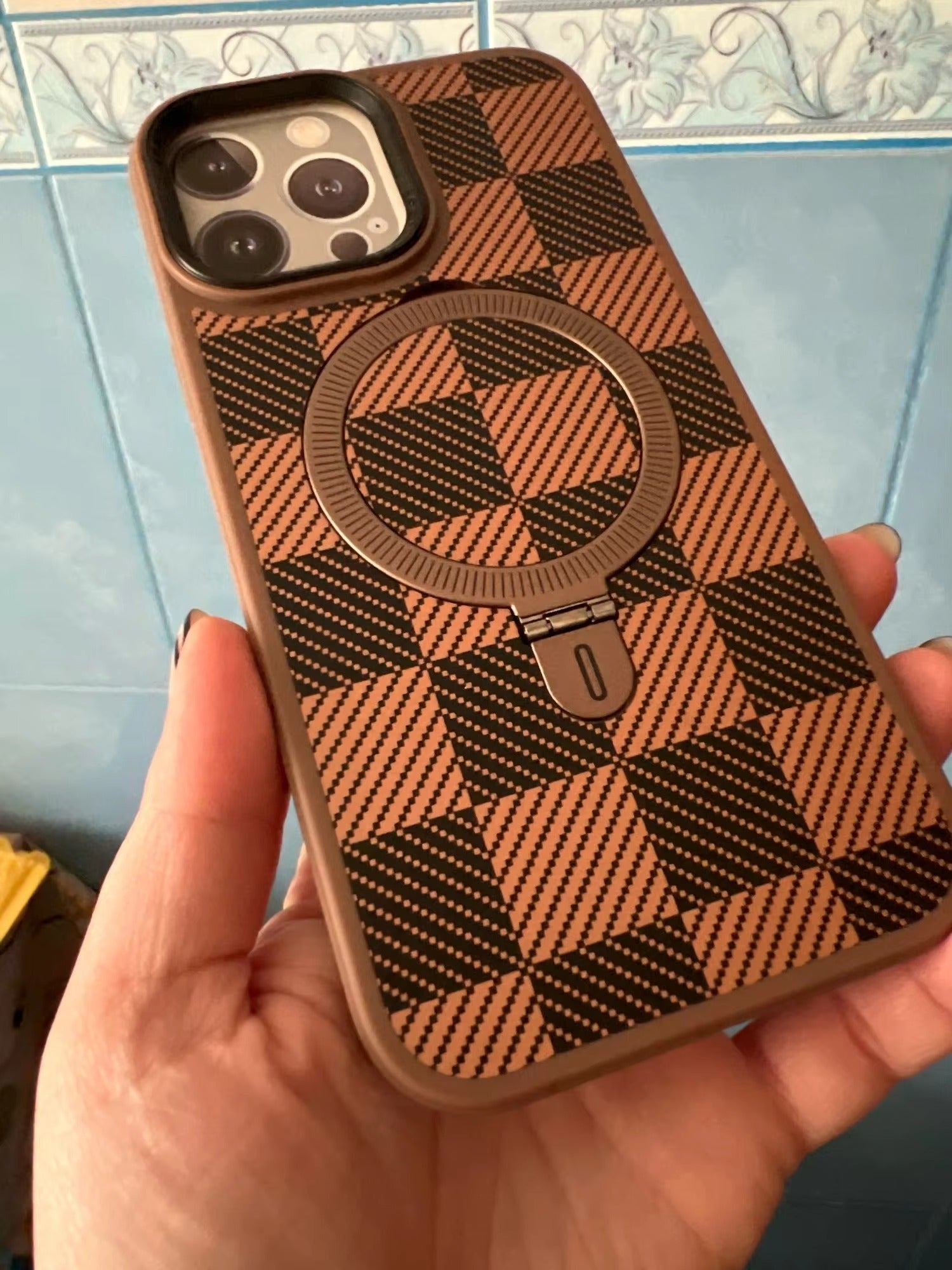 Premium Apple iPhone Case, MagSafe Compatible, Camera Lens & Screen Protection, Ultra Thin, Shockproof, Magnetic Full All Around Cover – Kevlar Carbon Fiber Texture Case with Magnetic Holder & Shockproof Back Design