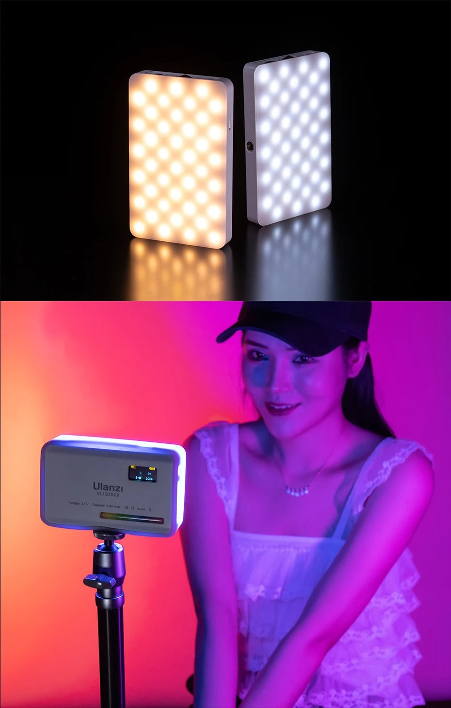 High Quality RGB LED Video Light Panel for Camera & Phone – 2500-9000K Bi-Color, CRI 95+, Diffuser, 3100mAh Battery, 360° Mount, 120 Lamp Beads