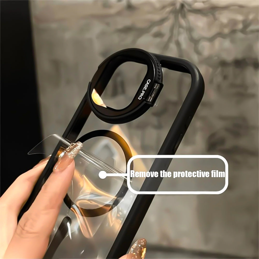 Luxury Glass Camera Stand iPhone Case - Transparent Magnetic Acrylic Cover, Wireless Charging Compatible, Case for iPhone