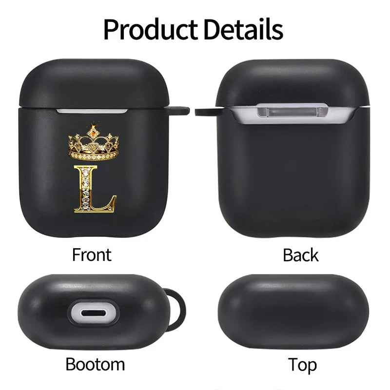 Luxury Diamond Letter AirPods Case with Hook – Black TPU Protective Cover for AirPods Pro 2, Pro, 3, 1/2, A–Z Initial Design, Scratch-Resistant, Easy Access Charging