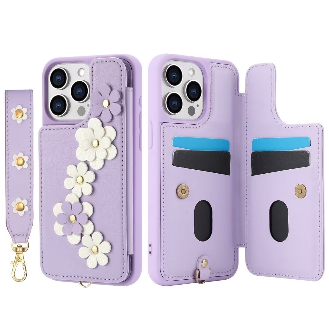 Luxury Crossbody Wallet Leather iPhone Case – 3D Flower Design, Card Slot, Wrist Strap, Magnetic Closure, Protective Cover