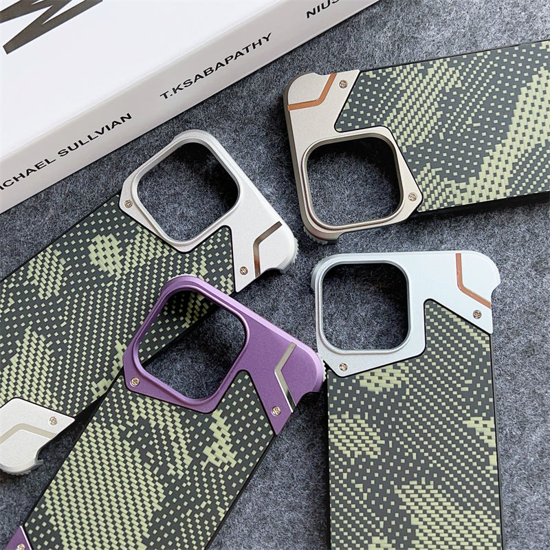 Camouflage Metal Armor Case Frameless Real Carbon Fiber Cover with Built-In Magnet for iPhone Models, Durable and Protection