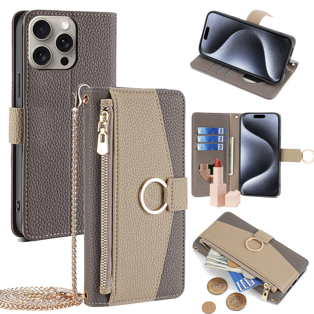 Premium Leather Crossbody Wallet Case for iPhone - Flip Mirror Design, Long Lanyard, Shockproof Protection for iPhone Models