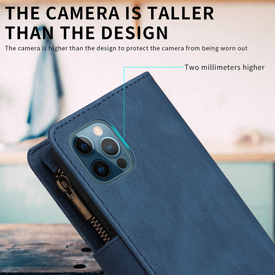 Premium Retro Flip Leather iPhone Case – Zipper Wallet, Multi-Card Slots, Necklace Lanyard, Magnetic Closure, Shockproof Protection for iPhone