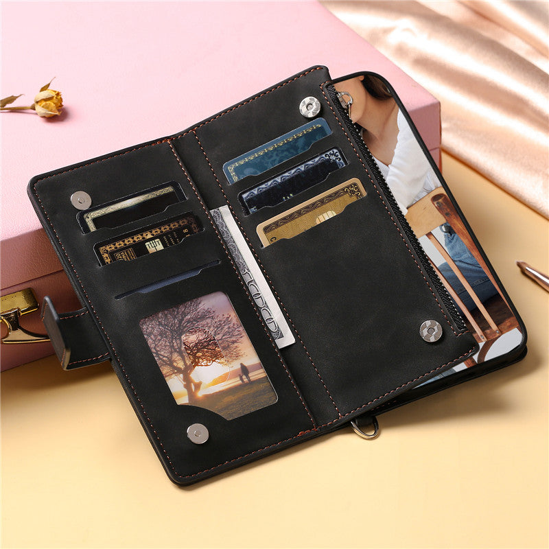 Luxury Flip Leather Wallet iPhone Case – Long Lanyard, Zipper Closure, Card Holder, and Premium Design for iPhone