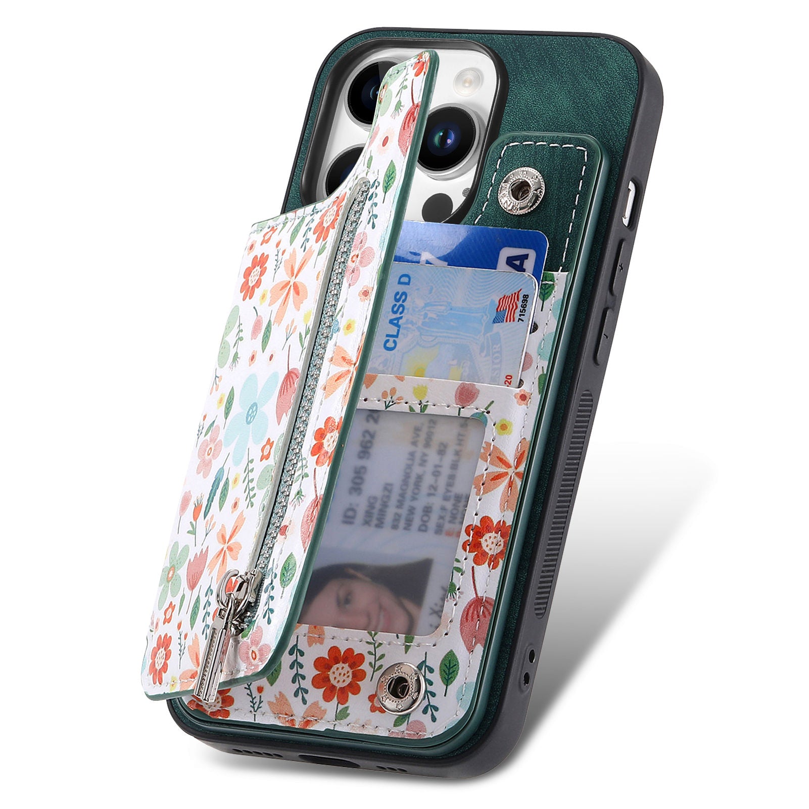Zipper Card Slot Wallet iPhone Case – Magnetic Closure, Purse Pocket, Floral Design, Shockproof Protective Cover for iPhone