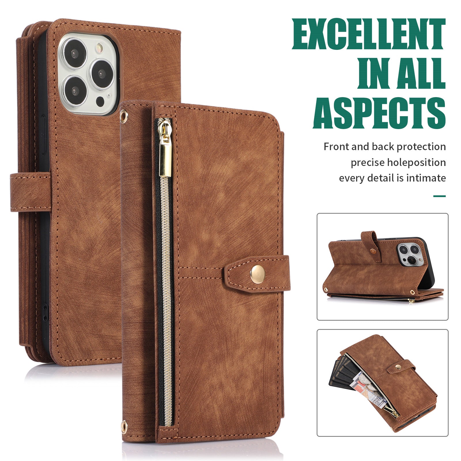 Luxury Crossbody Zipper Wallet iPhone Case – Leather Card Holder, Lanyard Strap, Closure Hands-Free Convenience for iPhone