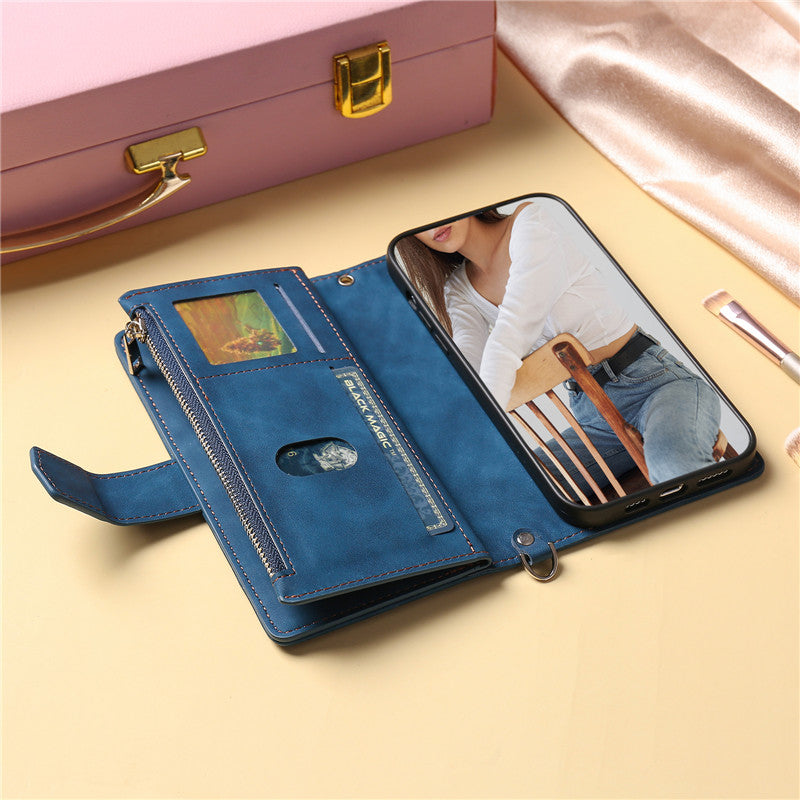 Luxury Flip Leather Wallet iPhone Case – Long Lanyard, Zipper Closure, Card Holder, and Premium Design for iPhone