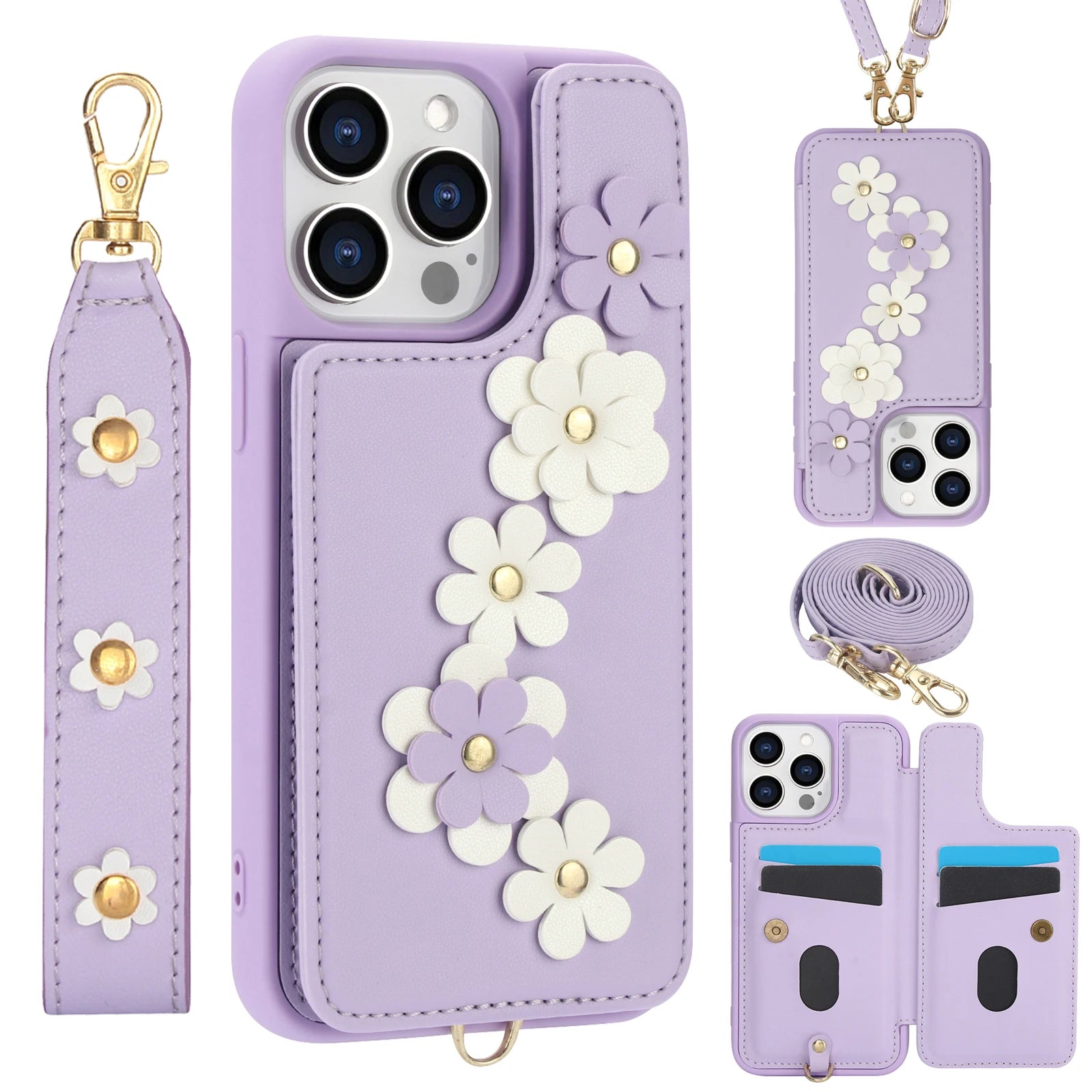 Luxury Crossbody Wallet Leather iPhone Case – 3D Flower Design, Card Slot, Wrist Strap, Magnetic Closure, Protective Cover