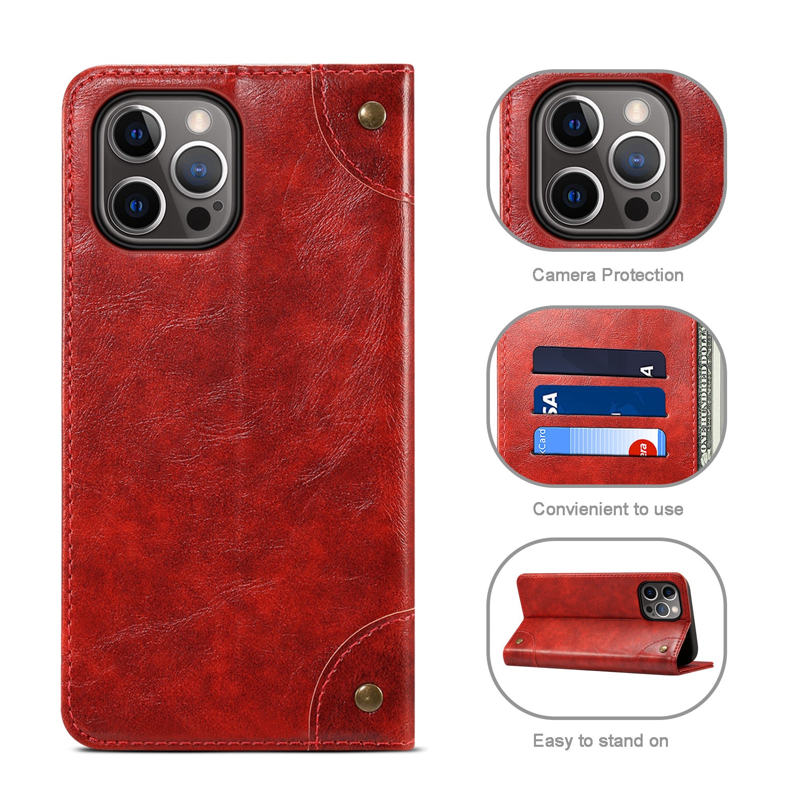 Luxury Genuine Leather Wallet Flip iPhone Case – Magnetic Closure, Card Holder, Stand Function, Shockproof Protective Cover, Classic Book-Style Design